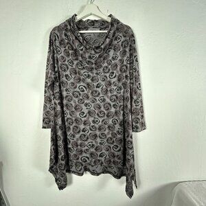 Cut Loose Womens Rose Floral Print Cowl Neck Tunic Top XL Gray Black 3/4 Sleeve